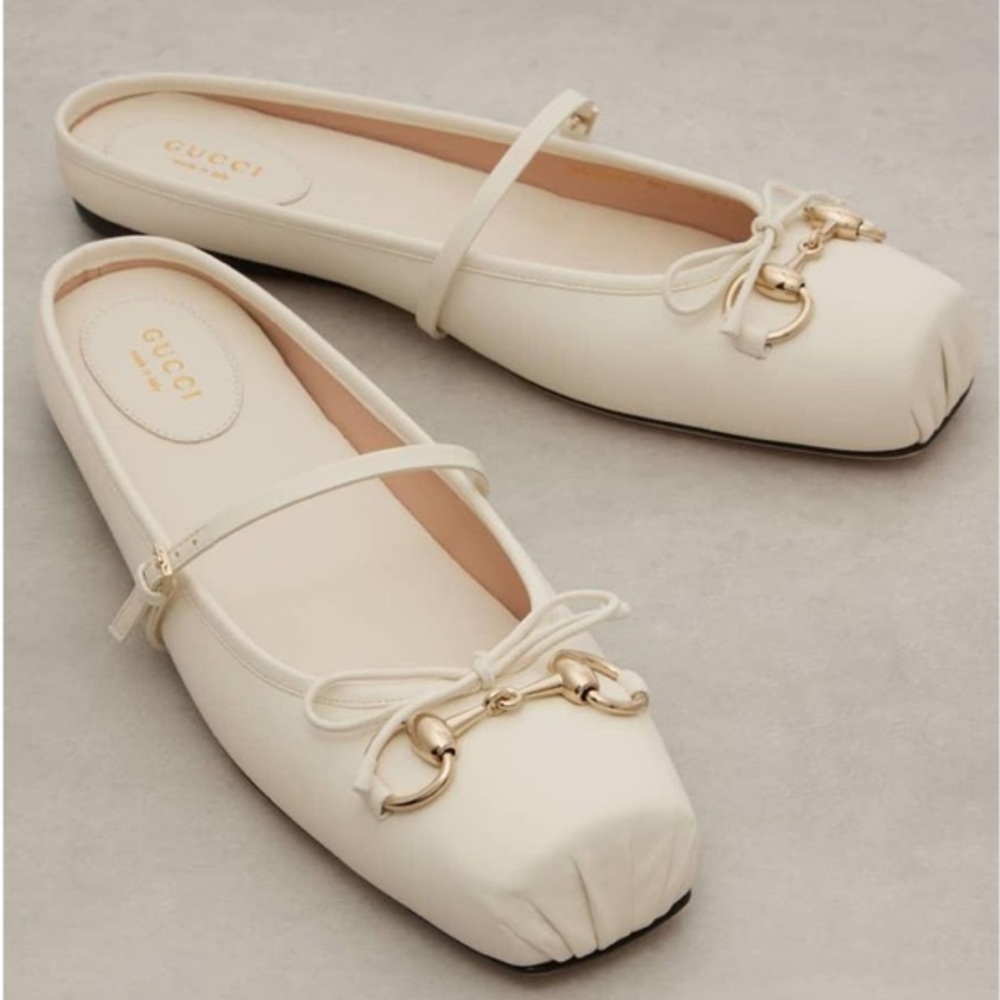 NEW Gucci White Leather Horsebit Ballet Flats Mules Size 40.5 Mary Janes